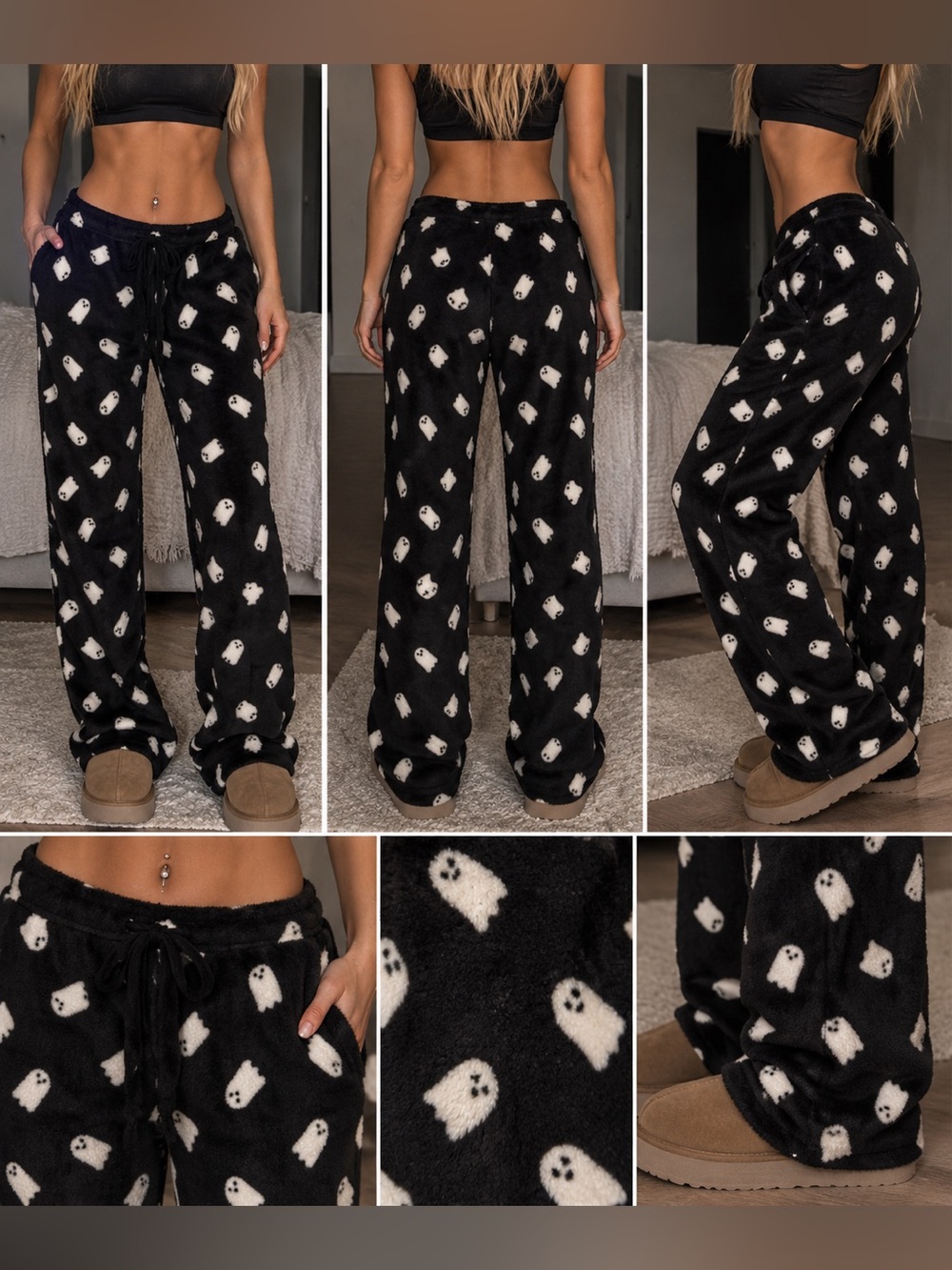 Women's Ghost Print Plush Lounge Pants - Black